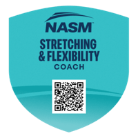 A turquoise shield with NASM Stretching and Flexibility Coach on the upper portion and a qr code to the bottom of the shield